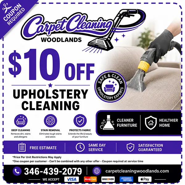 Carpet Cleaning The Woodlands coupon for 10 dollars off Upholstery cleaning